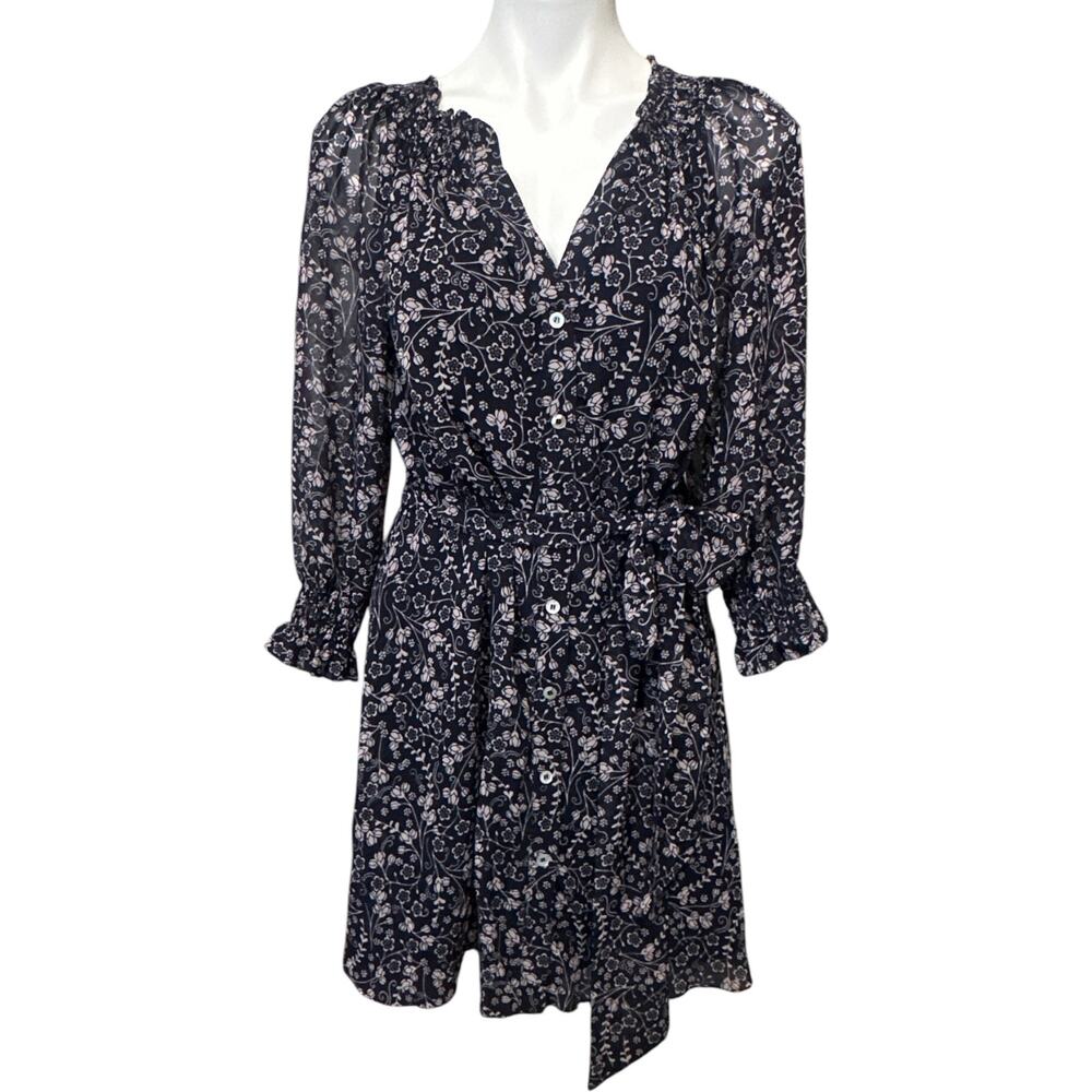 Chelsea28 Navy Floral Button Tie Waist Midi Dress Long Sleeve Women 12 Petite